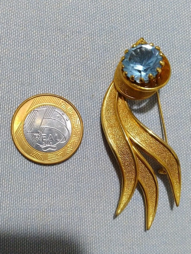 Broche Antigo Plaquê Ouro Cristal Azul Lapidado 7,6cm 8fotos