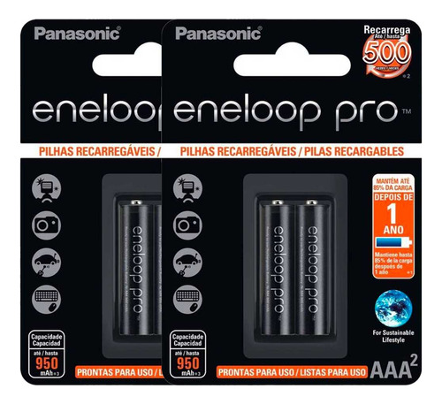 4 Pilhas Recarregaveis Eneloop Pro Aaa Panasonic (2 Cart)