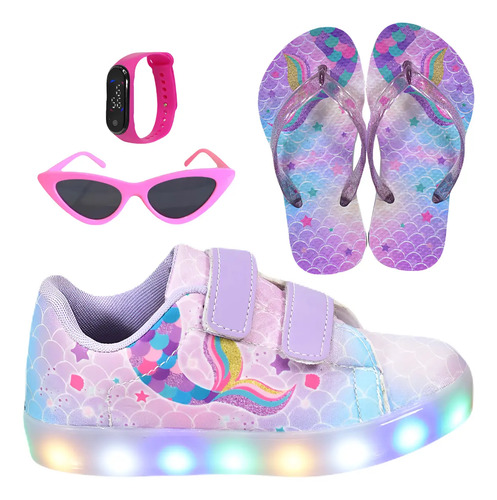 Kit Tênis Infantil Led Meninas Sereia Chinelo Óculos Relógio | MercadoLivre