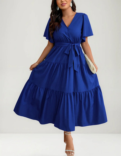 Vestido Midi De Talla Grande Para Mujer Con Cinturón Ajustab