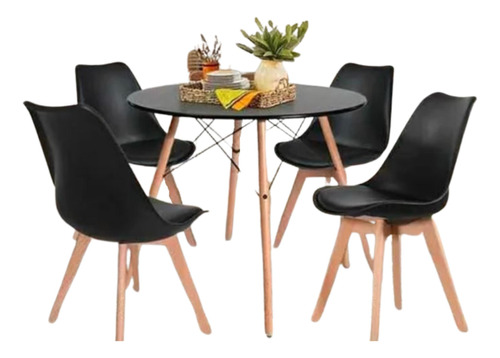 Comedor Eames Negro Redondo 80cm - 4 Sillas Tulip Negras