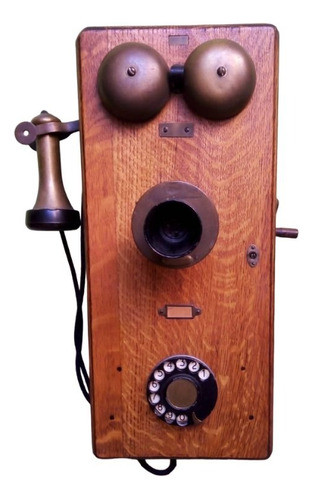 Telefono Antiguo De Pared De Madera Y Bronce