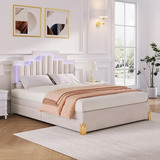 Cama Tapizada Queen Size Con Luces Led, Moderno Diseño D