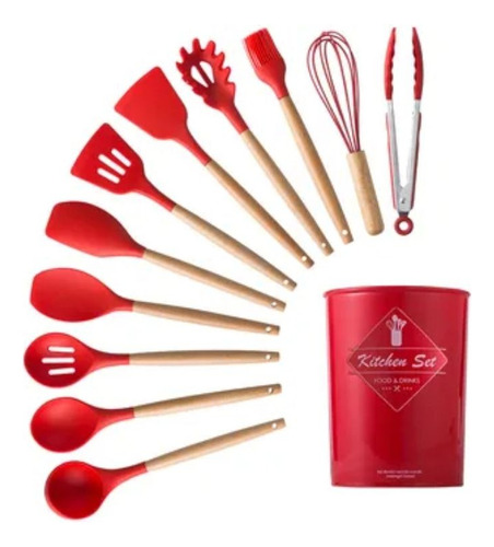 Set 12 Utensilios De Cocina Silicona Resistente Calor Rojo