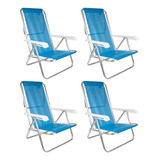 Kit 4 Cadeiras Praia Reclinável 8 Posições Alumínio Azul Mor