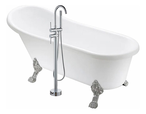 Solana Kit Bañera Estilo Vintage 150x75x75 Cm De Acrilico Solido Blanco Con Grifo Independiente Cuello Cisne Color Plata / Bañera Ovalada Slim Blanca Con Patas De Acero