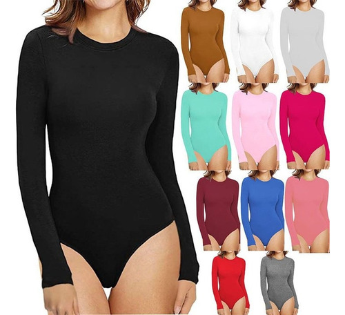 6x Body Mujer Liso Manga Larga Bamboo Licra Cuello Redondo