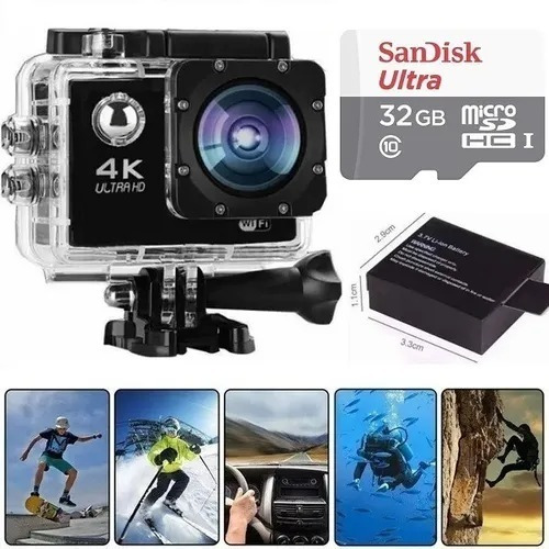 Câmera Pro Full Hd 4k Prova D'água Capacete Sd Bateria Extra