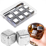 Kit 8 Cubos De Gelo Aço Inox Metal Com Pegador Whisky Drinks