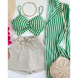 Conjunto Chemise Cropped Listrado Tendência Moda Praia