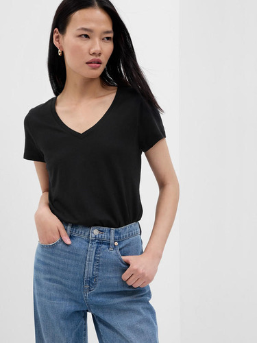 Polera Cuello V Mujer Negro Gap