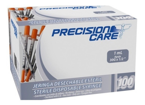 Jeringa De Insulina 30g X 1/2 - Precision Care Caja 100 Und Capacidad En Volumen 1 Ml