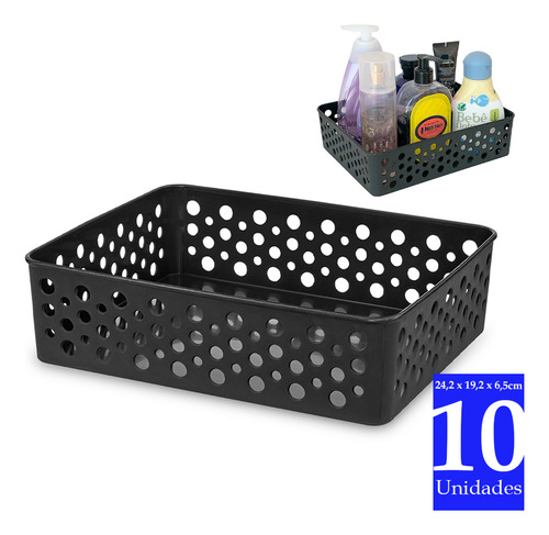 Kit 10 Cestinha Organizadora Média Gaveta Quarto Bebe Closet Cor Preto