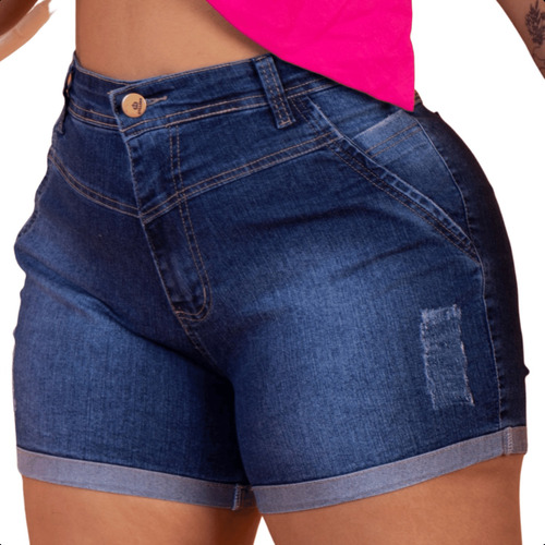 Short Jeans Plus Size Cintura Alta Destroyed Com Lycra