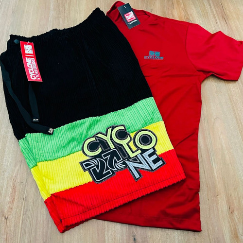 Kit Bermuda Da Cyclone Veludo Do Reggae + Camiseta Red
