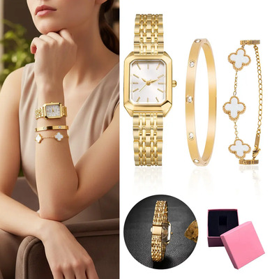 PHLAROMIX 3pz Reloj Mujer Elegante Alta Calidad Moda Cuarzo De Acero Inoxidable Resistente Al Agua Con Pulsera Y Regalo Caja San Valentín Regalo Día de la Madre, regalo para mamá Con caja Dorada | Envío gratis
