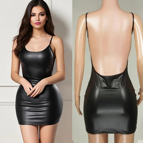Mini Vestido Negro De Cuero Delgado Y Sexy Sin Espalda