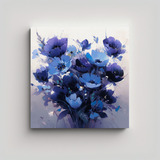80x80cm Pintura Floral Púrpura Y Cian En Lienzo Flores