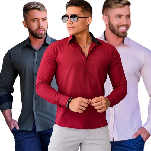 Kit Atacado 3 Camisa Social Premium Slim Luxo Varias Cores 