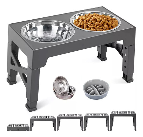 Comedero Elevado Ajustable Para Perro Gato Con Tazones Plato