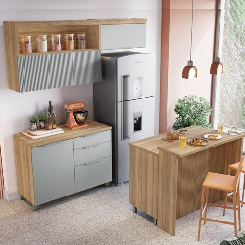 Cozinha Modulada Marquesa  Ripada Mdf 5 Peças Nature Verde