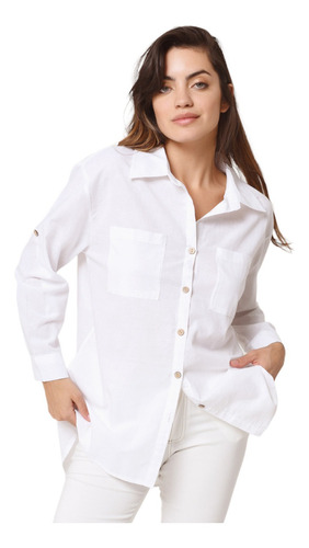 Camisa Mujer Lino Oversize Importada Moda Cuello Americano