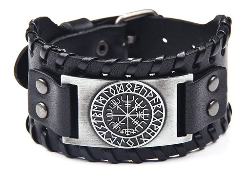 Pulsera Cuero Negro Vikingo Vegvisir Hombre Mujer Top Moda