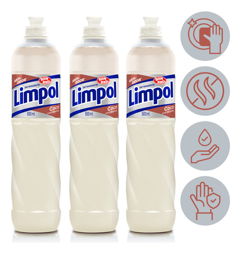 Kit 3 Detergente Liquido Anti Odor Coco Limpol Bombril 500ml