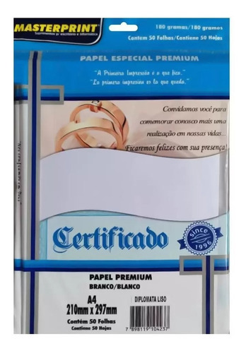 Papel Premium Certificado Diplomata Liso 180g 50 Folhas Cor Branco