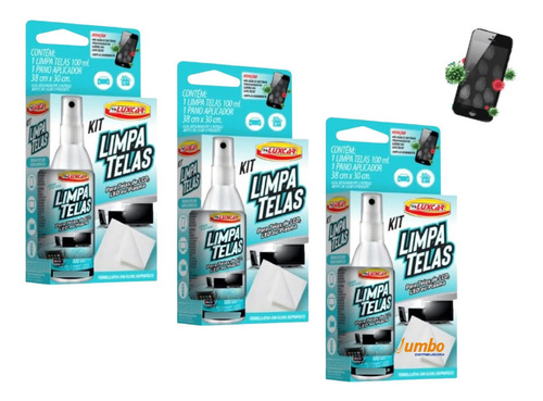 03 Kit Limpa Telas Luxcar Tvs Gps Celular Vidros Bactericida
