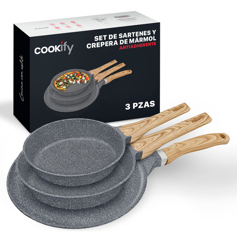 Set De Sartenes Y Crepera Cookify 20/24/28 Cm | Stone-tech Series | Recubrimiento Antiadherente Libre De Pfoa, Cocina Saludable, Cocción Uniforme, Mango Ergonómico. Color Mármol Gris