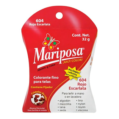 Colorante para Telas Mariposa en Polvo 32gr Color Rojo Escarlata | MercadoLibre