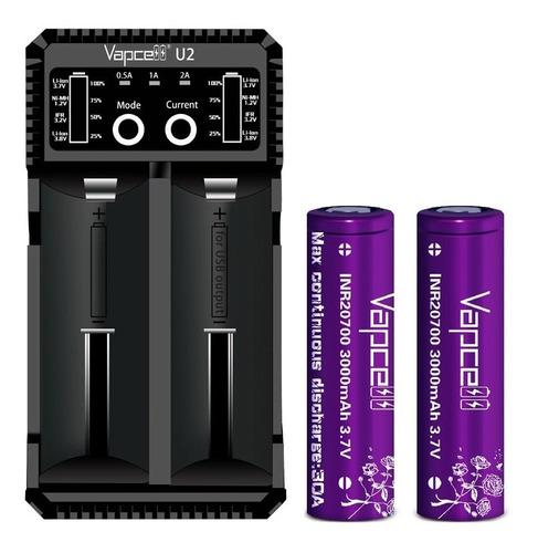Pack Cargador Vapcell Smart U2 - 2 Baterias 20700 + Regalos