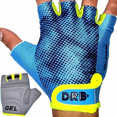 Guantes Drb Full Gym Gimnasio Pesas Ciclismo Azul Gel Lycra