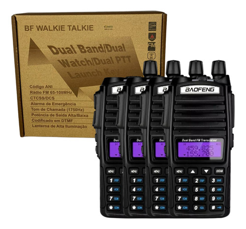 Kit 4 Radio Comunicador Walkie Talkie Baofeng Uv82 Segurança