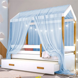 Cama Montessori Cabana Com Auxiliar Cordão Led E Dossel Azul