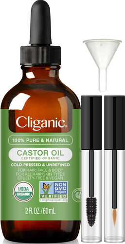 Cliganic Aceite De Ricino Organico, 100% Puro (2oz Con Kit D