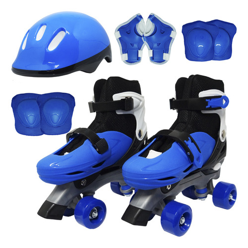 Kit Patins Clássico Quad Roller 4 Rodas + Acessórios Azul