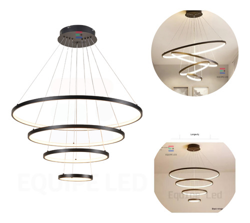 Lustre Pendente Moderno Anéis Led 4 Arco Pe Direito Duplo Preto Bivolt Equipe Led