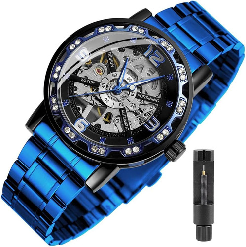 Bosni Steampunk Reloj Para Hombre Lujo Azul Esqueleto Acero 