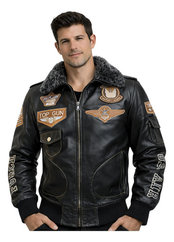 Chamarra De Piel Para Hombre Top Gun Maverick De Cuero Negra | Meses sin interés