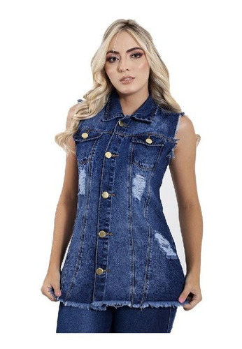 Max Colete Jeans Feminino Plus Size Longo Com 2 Bolso Lindo