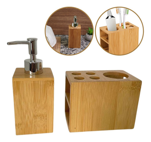 Kit Banheiro Lavabo Em Bambu Dispenser E Porta Escovas 2 Pç