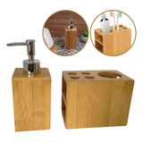 Kit Banheiro Lavabo Em Bambu Dispenser E Porta Escovas 2 Pç