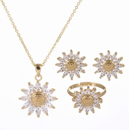 Collar Girasol Oro 18k Aretes Anillo Tres Piezas