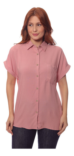 Camisa Feminina Visco Gola Tradicional Manga Curta Bolso