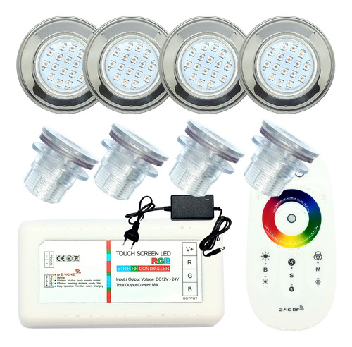 Kit Led Piscina Fibra Brustec- 4 Led 9w Inox+ Módulo+ Fonte