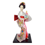 Estatuilla De Dama Japonesa De Geisha De 12 Blanco Y Rosa