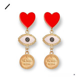 Aretes Largos De Ojo Turco, Corazón Y Moneda. Joyería.