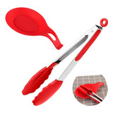 Kit Pegador De Carne Inox Silicone 25cm + Um Apoio De Colher